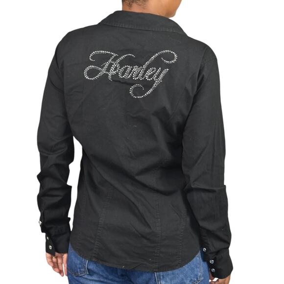 Harley Davidson Zip Shirt Black Motorcycle Crystals Rhinestone Bedazzled Large - Picture 3 of 16